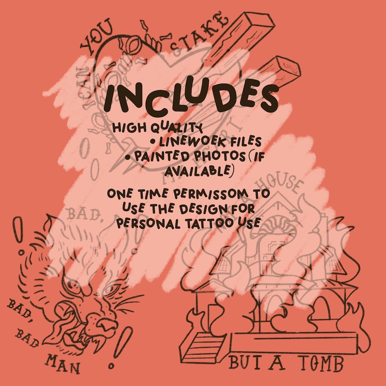 May include: A digital illustration of a tattoo design featuring a burning house with the text "BUI A TOMB" and a snarling wolf with the text "BAD, BAD MAN". The text "INCLUDES HIGH QUALITY LINEWOEK FILES PAINTED PHOTOS (IF AVAILABLE) ONE TIME PERMISSOM TO USE THE DESIGN FOR PERSONAL TATTOO USE" is also included.