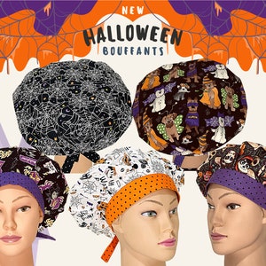 May include: Five Halloween themed surgical bouffant caps with different patterns. The caps are purple and black with various Halloween designs including ghosts, bats, spiders, and pumpkins.