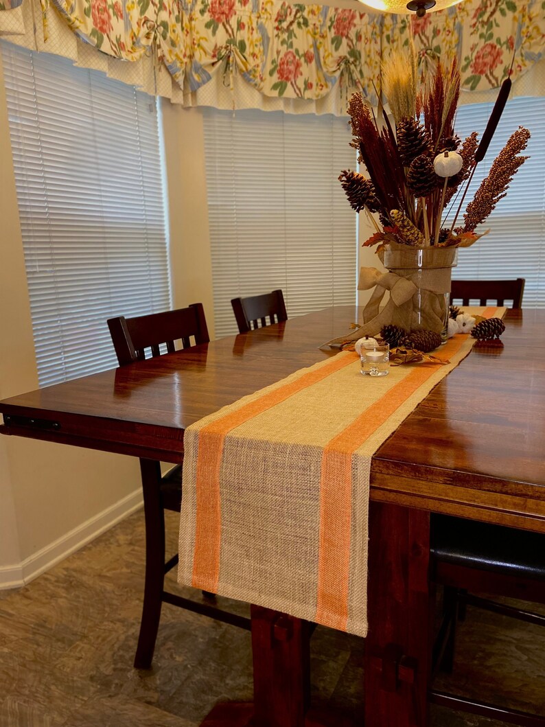 Fall Burlap Table Runner with Orange Ribbons image 1