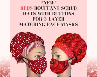 NEW* Reds Bouffant Scrub Hats with Buttons for 3-Layer Matching Face Masks