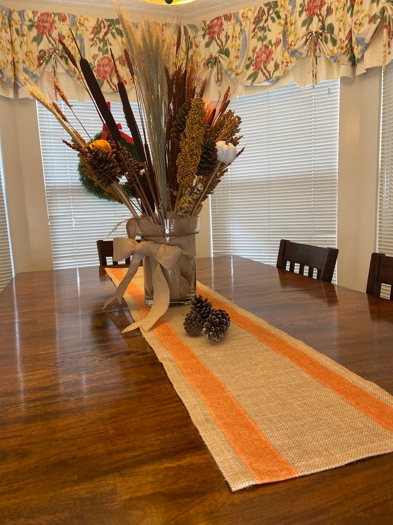 Fall Burlap Table Runner with Orange Ribbons image 4