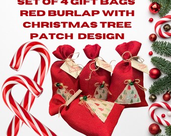 Set of 4 Red Reusable Burlap Gift Bags, Christmas Tree Patch Design with 3-Jingle Bell toppers. Dimensions-7 inches by 11 inches