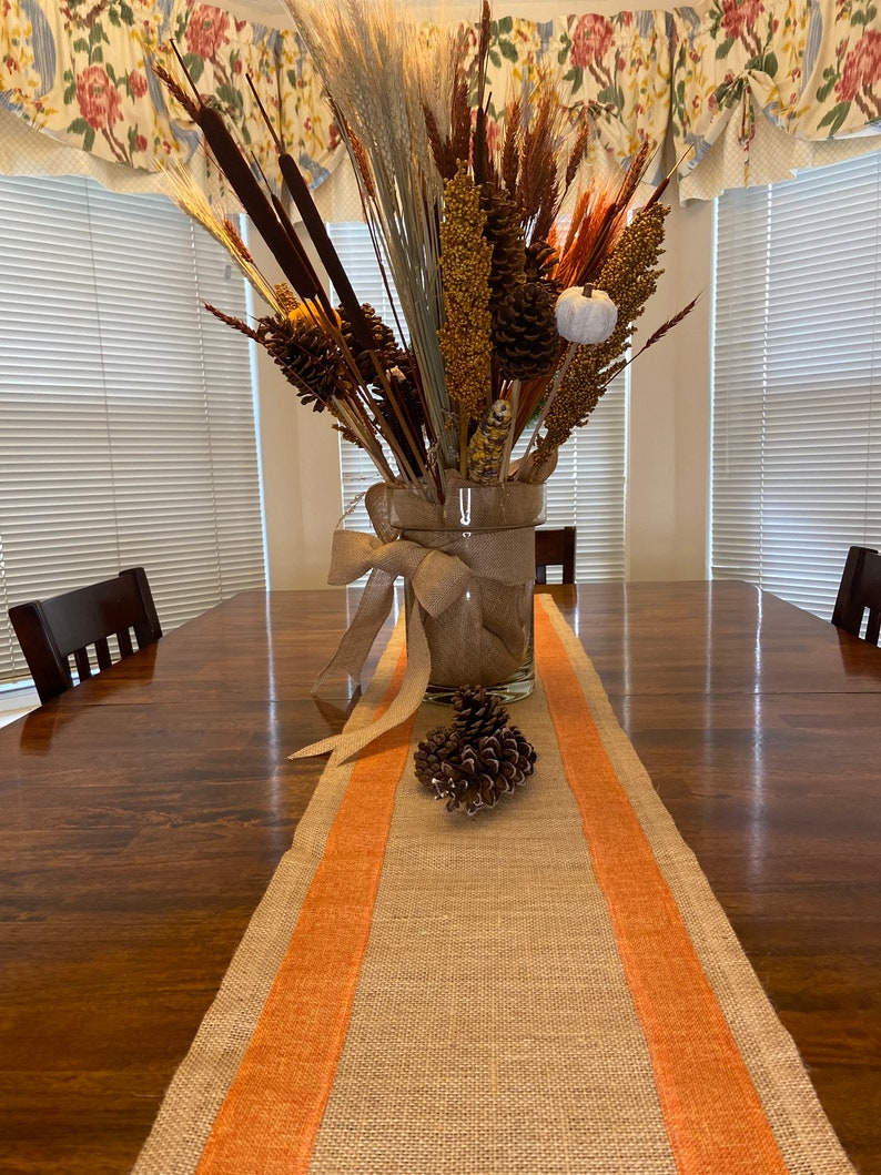 Fall Burlap Table Runner with Orange Ribbons image 3