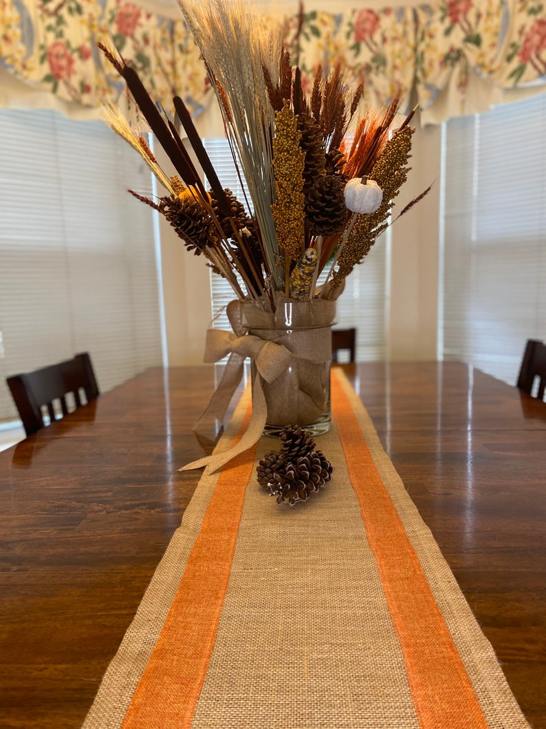 Fall Burlap Table Runner with Orange Ribbons image 5