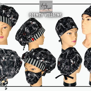 May include: Black and white scrub hat with a print of Disney villains. The hat has a black and white striped band and a red button. The hat is shown on a mannequin head in multiple views.