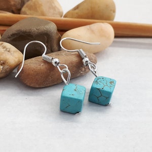 Cube Turquoise Earrings - Square Drop Turquoise Earrings - Square Silver Earrings - Turquoise Dangle Earrings - Turquoise Jewelry for Women