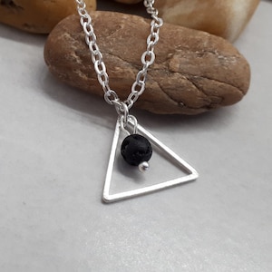 Triangle Lava Stone Silver Necklace, Silver Dainty Chain, Silver Triangle Necklace with Lava stone, Geometric Jewelry,Open Triangle Necklace