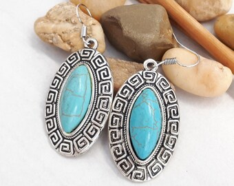 Pendientes únicos de color turquesa en forma de lágrima de la Bella Durmiente - Pendientes colgantes de color turquesa - Turquesa ovalada - Pendientes de plata 925 - Conjunto de joyas de color turquesa