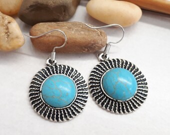 Pendientes Circular Turquesa - Pendientes Colgantes Azules - Pendientes Colgantes Turquesa Boho - Joyas Turquesa - Pendientes Turquesa y Plata