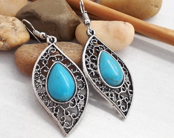 Pendiente colgante turquesa ovalado - Pendientes colgantes turquesa genuinos - Joyería turquesa - Pendientes de piedra azul - Joyería de piedra de nacimiento de diciembre