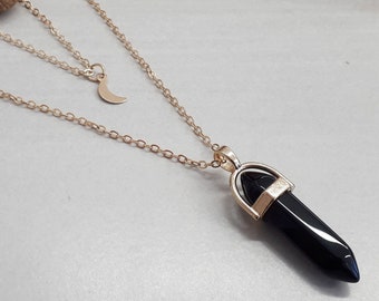 Multi Strand Gold Necklace Point, Black Tourmaline Point Pendant Necklace, Moon Pendant Necklace, Tourmaline Layered Necklace, Point Pendant