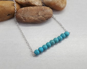 Turquoise Bar Necklace, Delicate Silver Necklace, Dainty Silver Necklace With Turquoise Beads, Turquoise Pendant, Gold Bar Necklace for Her