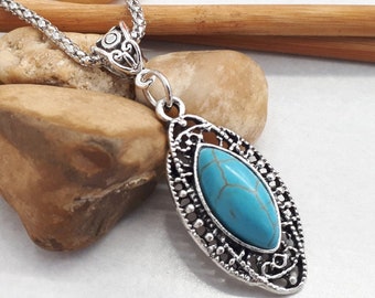 Collar colgante turquesa ovalado - Cadena de plata ovalada - Piedra de nacimiento de diciembre - Collar y pendientes turquesas - Joyería turquesa para mujer