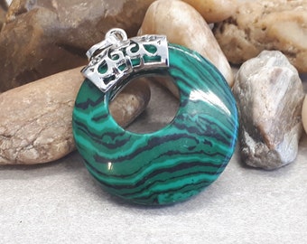 Round Pendant Necklace - Malachite Donut Pendant - Malachite Jewelry - Jewelry Birthstone - Malachite and Silver Necklace - Gift for Woman