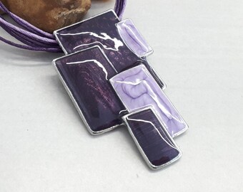 Rectangle Purple Necklace, Necklace and Earring set for woman, Boho Rectangle Pendant, Purple jewelry gift, Sexy Bohemian wedding Necklace