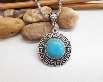 Turquoise Necklace - Circle Turquoise Pendant - Turquoise and Silver - December birthstone - Turquoise Jewelry, Hoop Turquoise Set for Woman