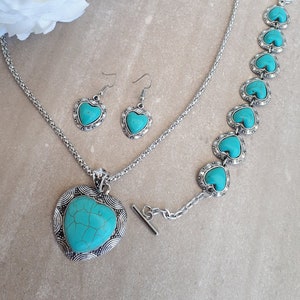 Heart Turquoise Set - Heart Turquoise Pendant Dangle Earrings - Heart Turquoise Necklace Set  - December Birthstone Jewelry - Turquoise Set