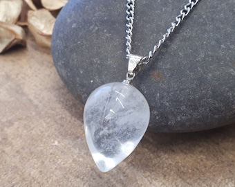 Clear quartz necklace silver Pendant. Raw real clear Quartz necklace crystal jewelry set. Quartz Crystal pendant for women, gift for her Mom