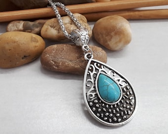 Conjunto ovalado turquesa - Conjunto de lágrimas turquesas - Piedra de nacimiento de diciembre - Conjunto de joyas turquesas- Collar turquesa - Pendientes turquesas
