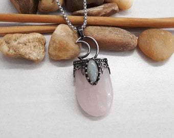 Rose Quartz Necklace - Vintage Rose Quartz Pendant - Moon Pendant Necklace - Sterling Silver Pendant - Handmade Pendant - Bohemian Jewelry