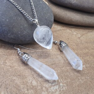 Quartz necklace and earrings gift set - birthstone pendant. Raw clear Quartz necklace crystal jewelry set. Quartz Crystal pendant for women