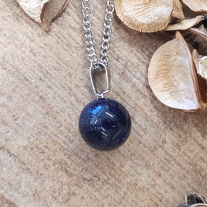 Circle Blue Goldstone Necklace - Ball Goldstone - Round Goldstone Pendant - Silver 925 Jewelry, Blue Goldstone Jewelry, Tiny Silver Necklace