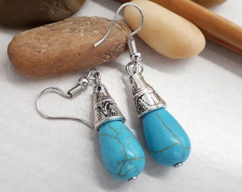 Pendientes turquesas - Joyería turquesa genuina - Pendientes de lágrima turquesa azul - Pendientes colgantes de piedra azul - Regalo de pendiente Ovel para mujeres