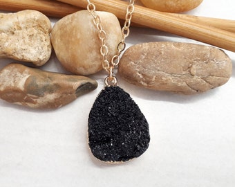 Sparkling Black Druzy Necklace - Natural Crystal Necklace - Black Tourmaline Druzy Pendant - Druzy charm Gold Necklace - Healing Pendant