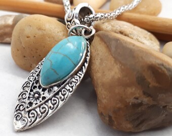 Collar turquesa ovalado - collar de la bella durmiente - colgante turquesa lágrima - conjunto de joyas turquesa - collar de cadena de plata de ley