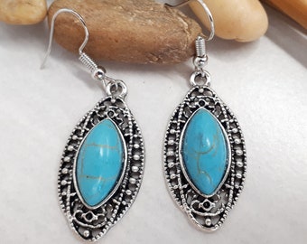 Pendientes turquesas - Pendientes colgantes de plata 925 - Pendientes ovalados de turquesa y plata - Pendientes colgantes de color turquesa - Joyería de piedra de nacimiento de diciembre