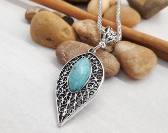 Collar colgante hoja turquesa, collar turquesa lágrima, conjunto de collar y pendientes turquesa, collar de plata, joyería boho para mujer