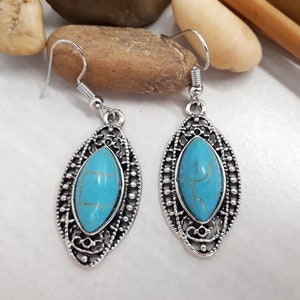 Turquoise Earrings - Drop Silver 925 Earrings - Oval Turquoise and Silver Earrings - Turquoise Dangle Earrings - December Birthstone Jewelry