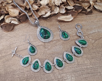 Malachit und Silber Schmuck Set - Malachit Ohrringe - Oval Malachit Halskette - Teardrop Malachit Schmuck Set - Malachit Armband