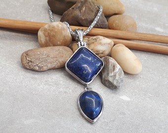 Geometric Lapis Lazuli Necklace - Oval Lapis Charm - Square Lapis Pendant - Geometric Lapis Lazuli Pendant - Double Pendant - Lapis Jewelry