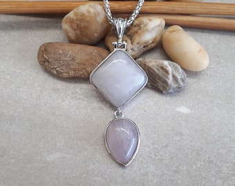 Geometric Rose Quartz Necklace - Oval Rose Quartz - Square Rose Quartz - Geometric Rose Quartz Pendant - Double Pendant -Rose Quartz Jewelry