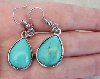 Pendientes turquesas - Joyería turquesa genuina - Pendientes de lágrima turquesa azul - Pendientes colgantes de piedra azul - Regalo de pendiente Ovel para mujeres