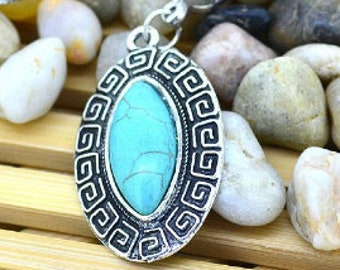 Collar turquesa ovalado - Pendientes colgantes ovalados turquesa - Conjunto de joyas boho turquesa - Collar colgante de plata - Regalo para ella