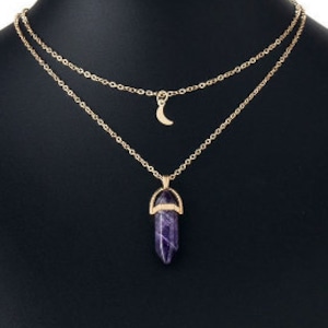 Multi Strand Gold Necklace Point - Amethyst Point Pendant Necklace - Moon Pendant Necklace - Amethyst Layered Necklace - Point Pendant