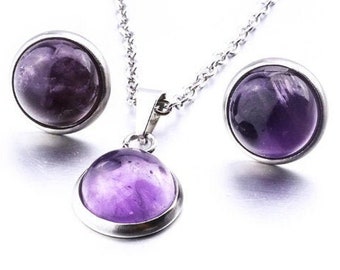 Circle Amethyst Necklace - Dainty Silver Amethyst Necklace Jewelry Set - Amethyst Minimalist necklace - Round Amethyst Pendant for Women