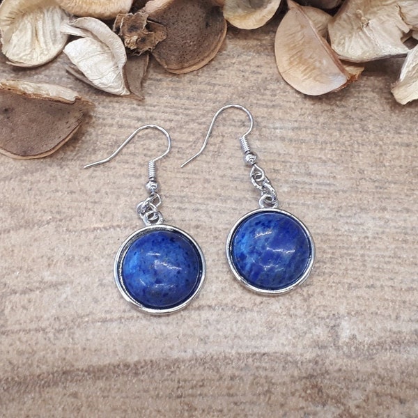 Round Lapis Lazuli Earrings - Silver Drop Earrings - Lapis Dangle Earrings - Round Gemstone Jewelry - Silver Earrings for Woman