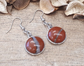 Round Red Jasper Earrings - Silver Drop Earrings - Red Jasper Dangle Earrings - Round Gemstone Jewelry - Silver Earrings for Woman