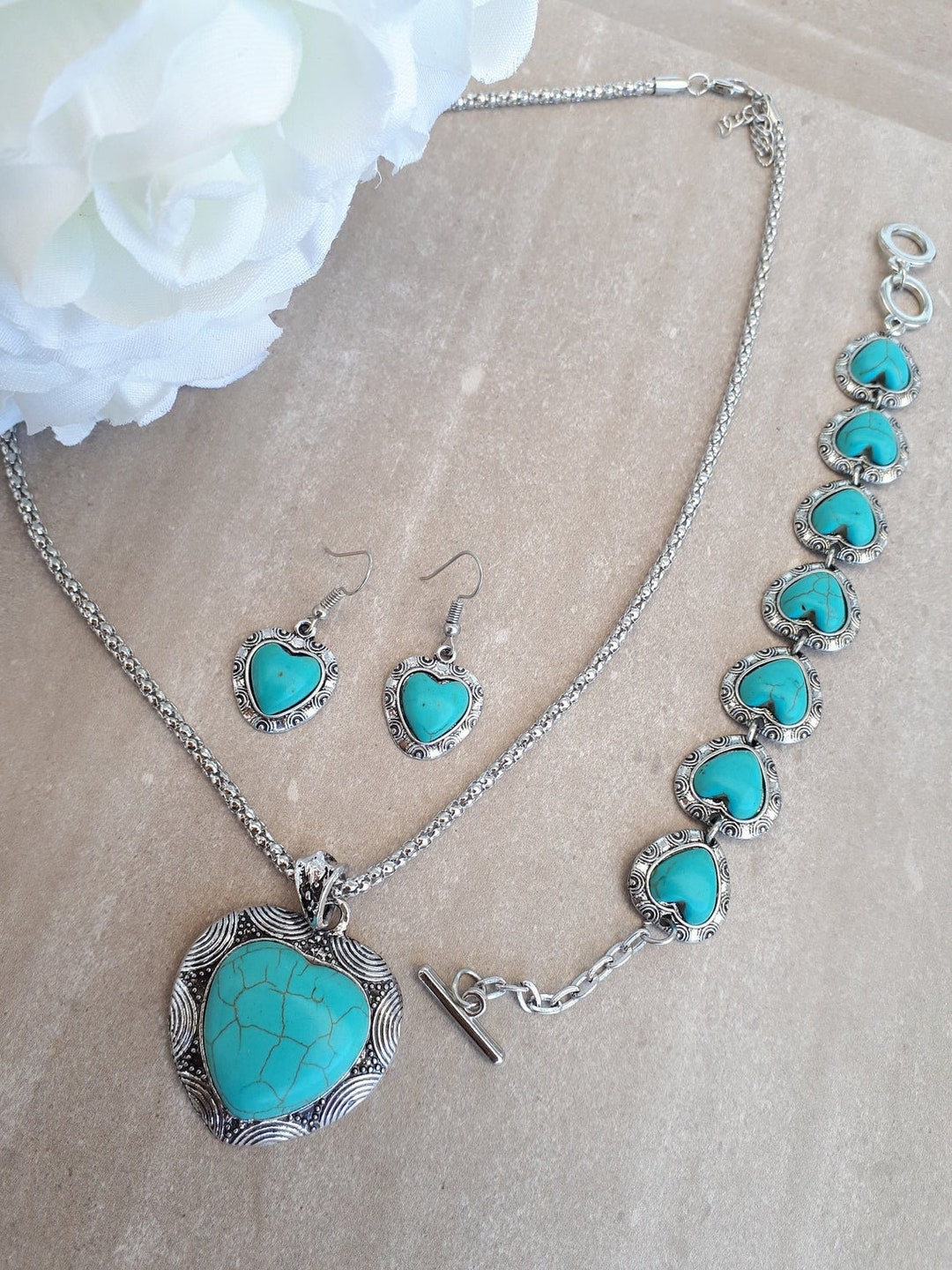 Heart Turquoise Set - Heart Turquoise Pendant Dangle Earrings - Heart ...