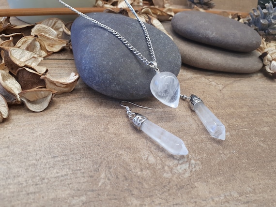 Clear Quartz Necklace Silver Pendant. Raw Real Clear Quartz