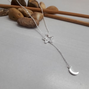 Dainty Y Silver Necklace - Moon and Star Y Necklace - Lariat Necklace - Moon Necklace - Star Necklace - Star Charm - Silver Y Necklace