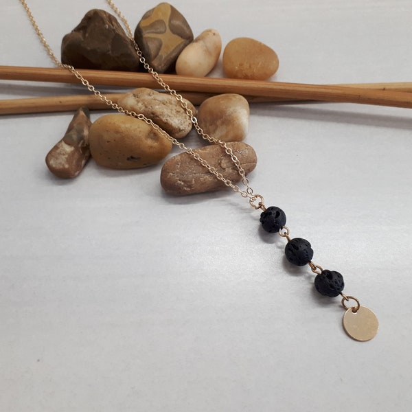 Lava Y Triangle beads Necklace - Gold Necklace - Lava stone Diffuser Necklace - Anxiety Healing necklace - Essential Oil Jewelry- Gold Chain
