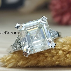 Huge 4CT Asscher Cut Moissanite Art Deco Engagement Ring,9MM Asscher Diamond 14K Solid White Gold Ring,925 Silver Wedding Ring,Gift For Mom