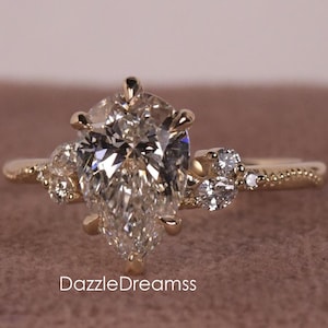 2CT Pear Lab Grown Diamond Ring, Unique Diamond Engagement Ring, CVD Wedding Rings, IGI Tear Drop Diamond Gold Ring, Perfect Proposal Ring