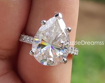 15x11MM Huge Pear Cut Colorless Moissanite Engagement Ring/18K Gold Ring/6.50CT Pear Cut Unique Diamond Wedding Ring/Big Diamond Bridal Ring