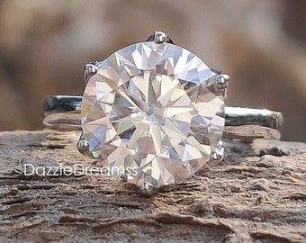 Bague de fiançailles en moissanite taille ronde brillant 10 mm, bague en or avec diamants ronds 4 carats, bague de sertissage panier tulipe 6 griffes, bague solitaire en argent