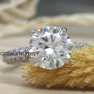3CT Brilliant Round Cut Moissanite Engagement Ring, 4 Claw Prong Round Diamond Solid Gold Ring, Classic Unique 3 Row Pave Set Wedding Ring